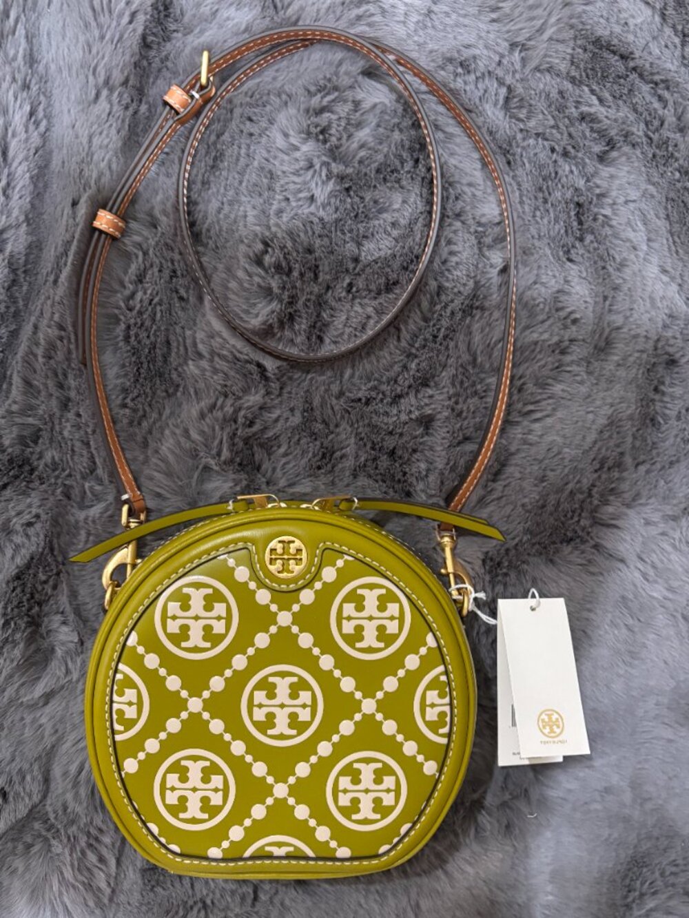 NEW Tory Burch Circle Crossbody Bag Moon T Monogram Leather Lime Olive Green